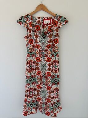 Anthropologie Cecily White Midi Dress with Red and Green Floral Print